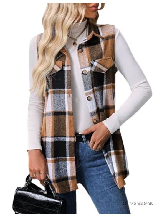 Jackets & Blazers - Flannel Plaid Vest Button Down Sleeveless Shacket Shirt Jacket for Women